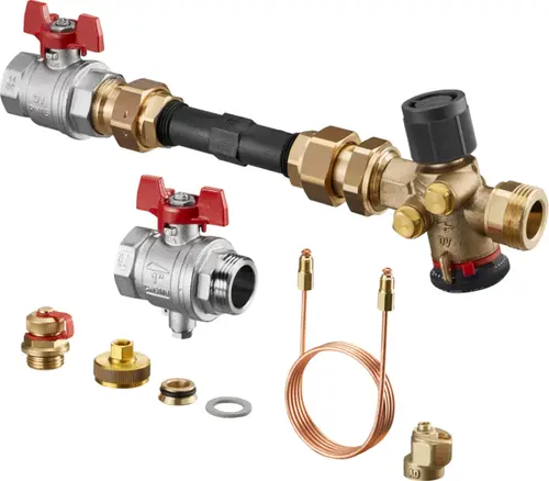 OVENTROP Wärmezähleranschlussset mit Kugelhähnen und Thermostatventil für Multidis SF, Durchgangsform.